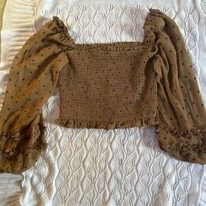 Storia Brown Puff Sleeve Smocked Blouse